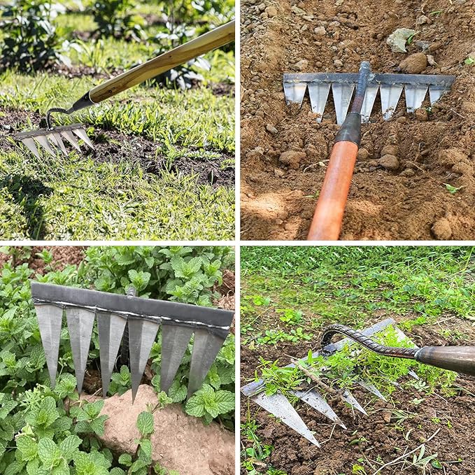 Garden Rake, Gardening Tools Heavy Duty with 4 Metal Tines, Sharp Durable Garden Weeding Tools, All Steel Hardened Hoe Hand Rake for Backyard Lawn Loosening Planting Weeding (4 Tines)