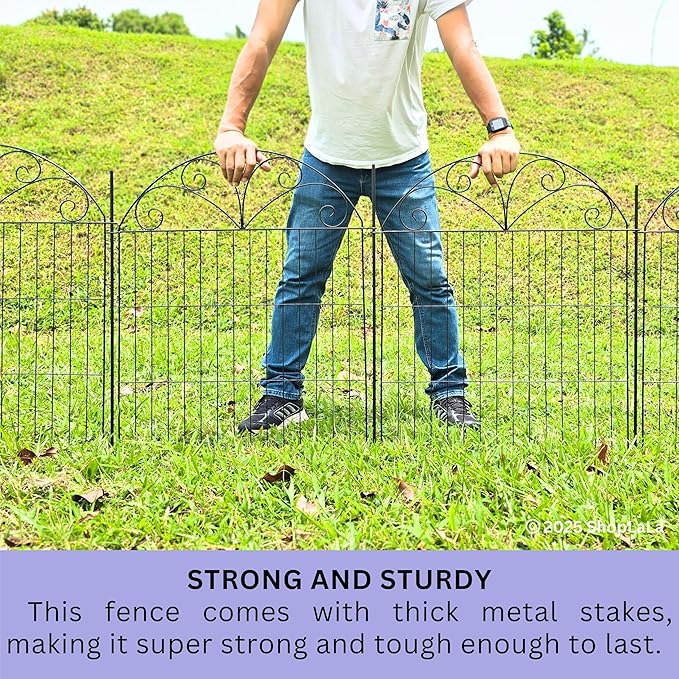 ShopLaLa Outdoor Garden Fence (10 Panels) 28in(L) x 32in(H) Animal Barrier Fencing Rustproof Black Metal Wire Flower Edging for Yard Landscape, Small Dog Decorative Fences No Dig Porch Decor D-YB32