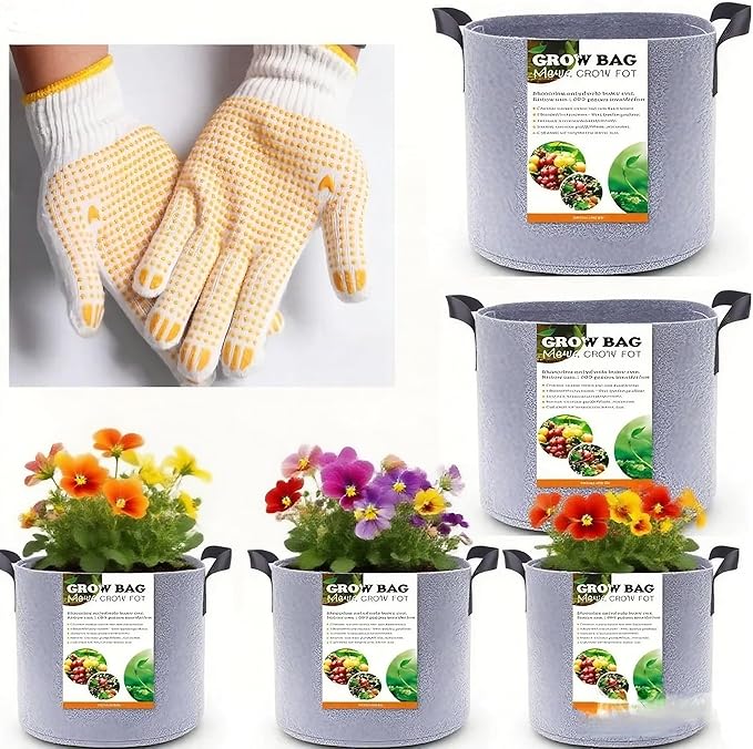 Grow Bags,Gallon Pot,Gallon Grow Bag,Fabric Plant Vegetable Pots with Handles,2-12 Nursery Pot Gallon Grow Bags with 1 Non-Slip Gardening Gloves,5pcs (5 Gallon)
