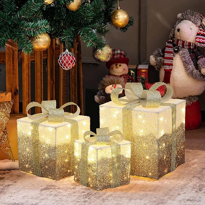 LuxenHome Set of 3 Lighted Gift Boxes, Plug-in White Crackle with Glitter Ribbon Bow Boxes with Timer Holiday Display, Lawn, Porch, Under Tree Indoor, Outdoor Christmas Decoration