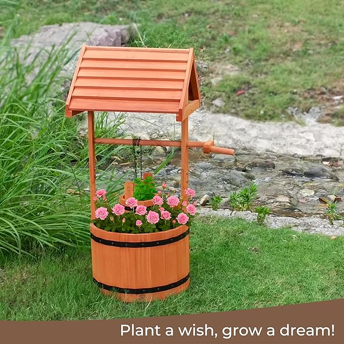 Wooden Wishing Well for Outside, Wishing Well Planter for Yard with Hanging Bucket, Rustic Flower Pot Home Decor for Garden, Backyard
