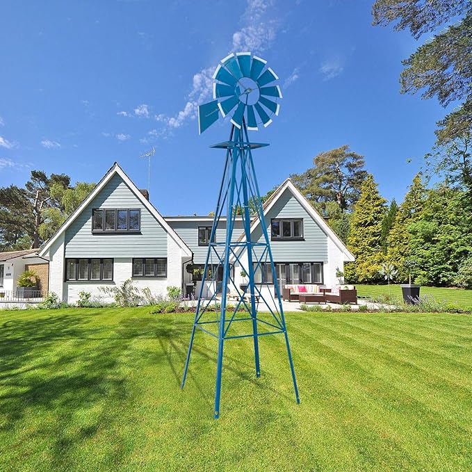 VINGLI Upgrade 8FT Ornamental Windmill Backyard Garden Decoration Weather Vane, Heavy Duty Metal Wind Mill w/ 4 Legs Design, Blue