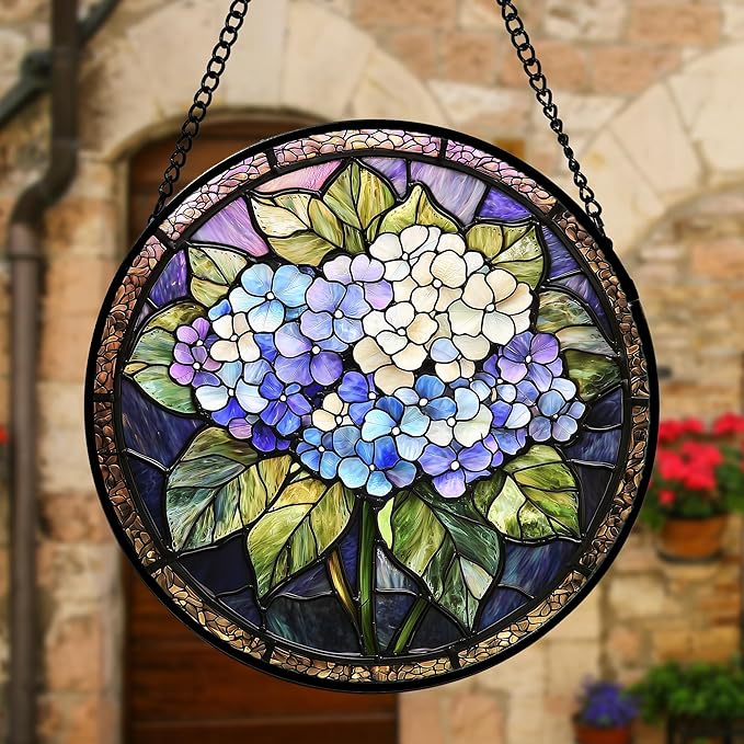 Stained Glass Window Hanging, Hydrangea Flowers Sun Catchers Diamond Glass Panel Hangings Plant Suncatcher Decor for Birthday for Women, Men, Wife, Aunt, and Mom 7.8 in
