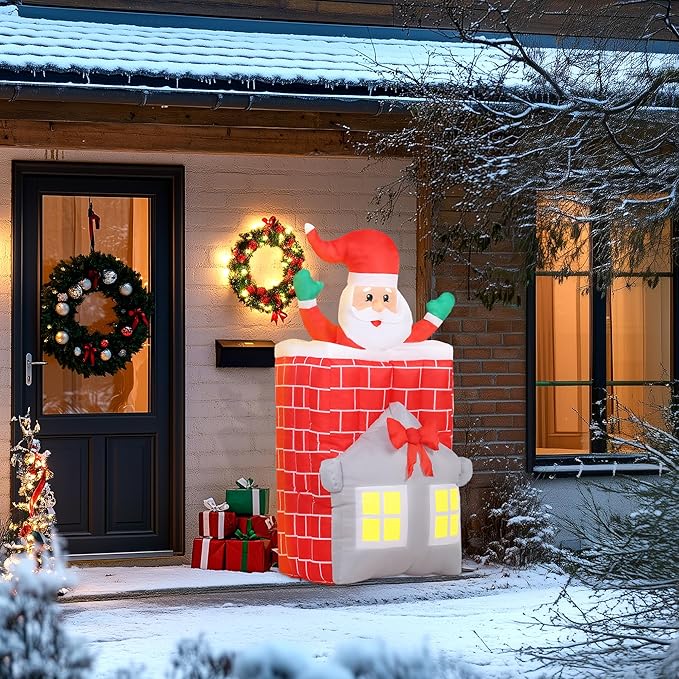 Outsunny 7FT Christmas Inflatable Santa in Chimney Up and Down, Outdoor Blow Up Santa Claus Christmas Decoration with Built-in LED Lights, Easy to Inflate for Indoor Party, Lawn, Garden, Holiday Decor