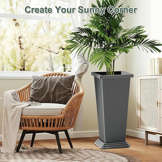 Set of 2 Tall Planters with Drainage Tray, 24 Inch Large Flower Pots for Indoor Outdoor Plants Mordern Planter Weather-Resistant for Patio, Front Door Decor, Garden (Gray Ribbed)