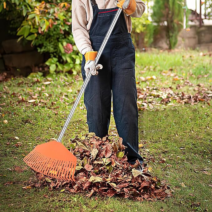 Leaf Rake16.5 Wide Adjustable Handle Leaf Rake - Plastic Head, Lightweight, Soft & Lawn-Friendly - Ideal for Women & Kids - Orange