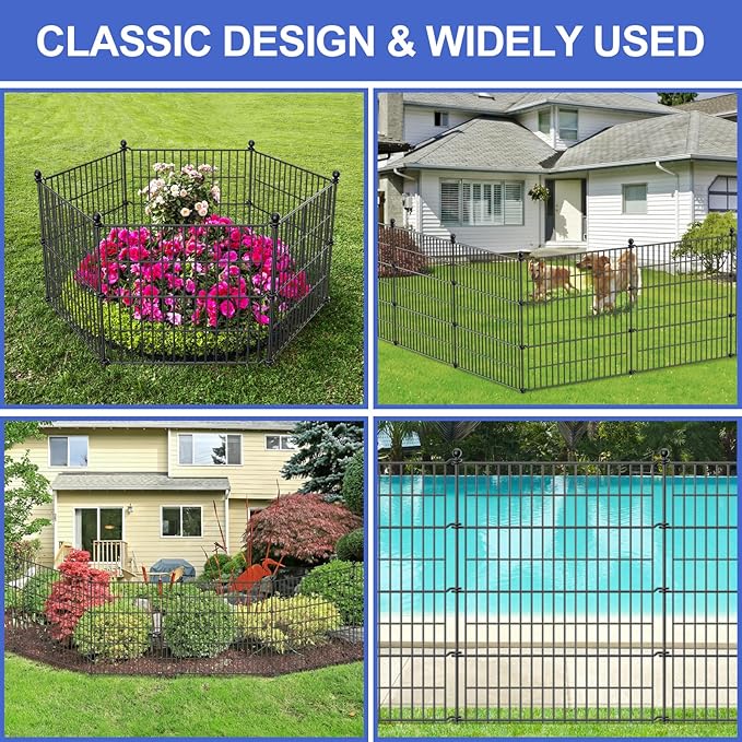 10 Panels No Dig Decorative Garden Fence with Gate, 40 in(H) X 23.6 ft(L) Outdoor Dog Rabbits Fence, Animal Barrier Pet Fencing Rustproof Metal Wire Panel Border for Yard, Patio, Flower Bed