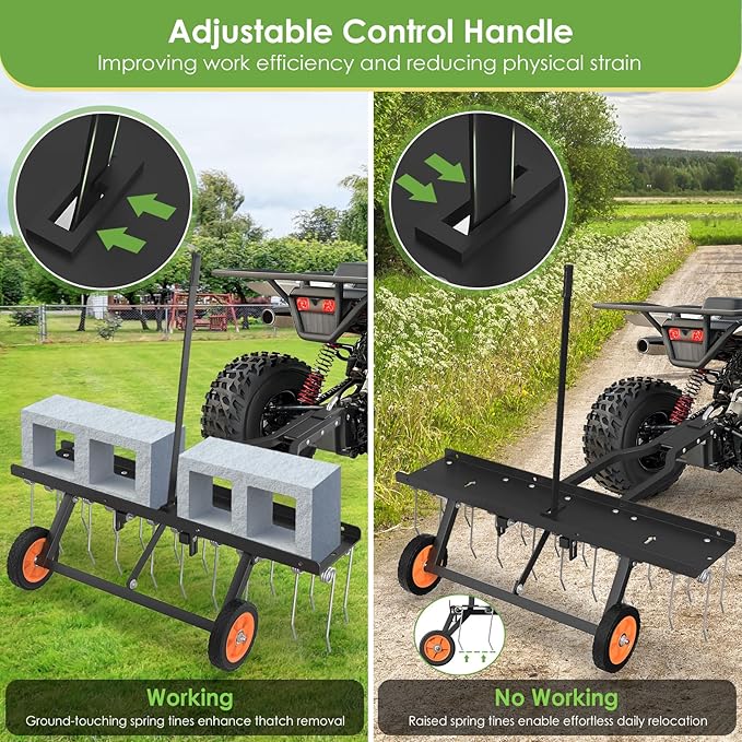 Seeutek 40 Inch Tow Behind Dethatcher, Pull Behind Lawn Dethatcher with 20 Spring Steel Tines Lawn Dethatcher Rake for ATV or Mower w/2 Cement Brick Straps and Gloves, for Garden Farm Grass