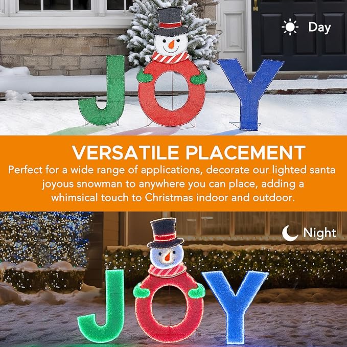 SUNJOY 4 FT Large Christmas Lighted Joyous Snowman, 2D Tinsel Santa Joy Display Set Outdoor Garden Yard Lawn Festive Holiday Decoration with Lights for Indoor & Outdoor