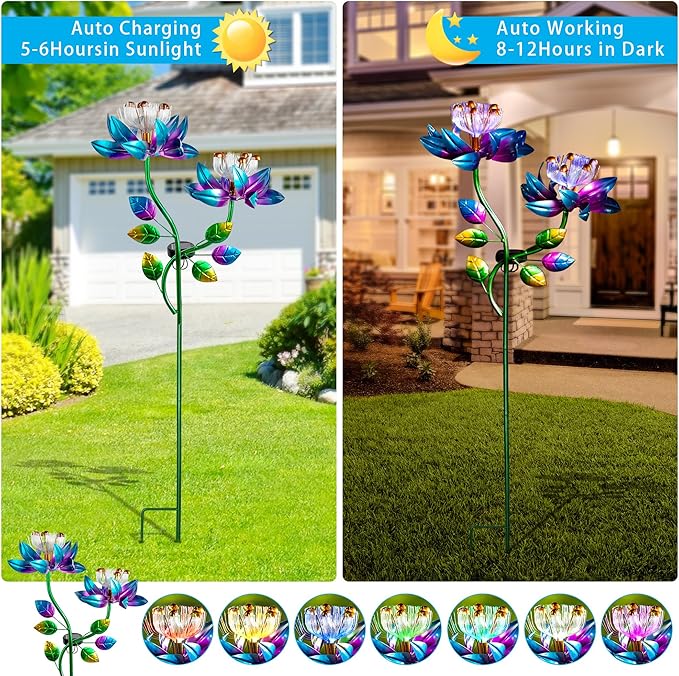 55'' Solar Powered Kinetic Wind Spinner Sculpture Blue Lotus Metal Stake Spinner for Patio, Lawn and Garden Decor Weather-Resistant Outdoor Art with Dual Lotus Design