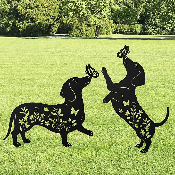 Dachshund Decorative Garden Stakes, 2 Pcs Dachshund Gifts for Women Men Metal Garden Stakes, Dog Butterfly Floral Silhouette Outdoor Yard Art Lawn Decor
