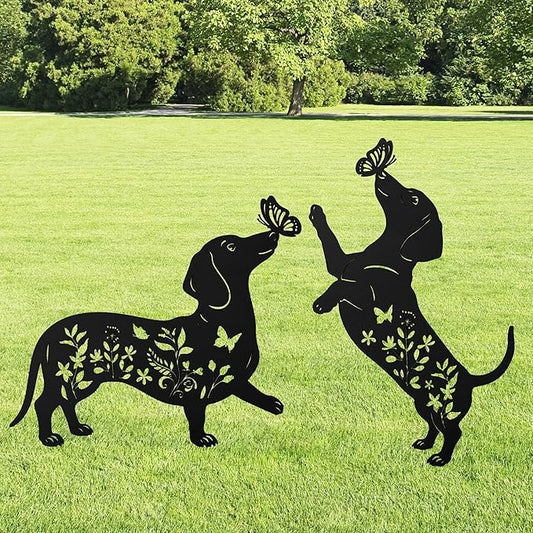 Dachshund Decorative Garden Stakes, 2 Pcs Dachshund Gifts for Women Men Metal Garden Stakes, Dog Butterfly Floral Silhouette Outdoor Yard Art Lawn Decor