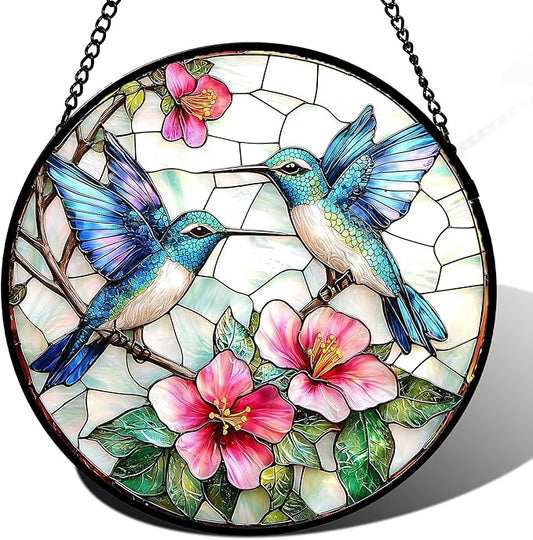 Stained Glass Window Hanging - Blue White Hummingbirds Pink Flowers Suncatcher for Door Terrace Garden Home Decor Bird Sun Catcher Birthday Gifts for Lovers Women Men Dad Mom Nana 9.8 in