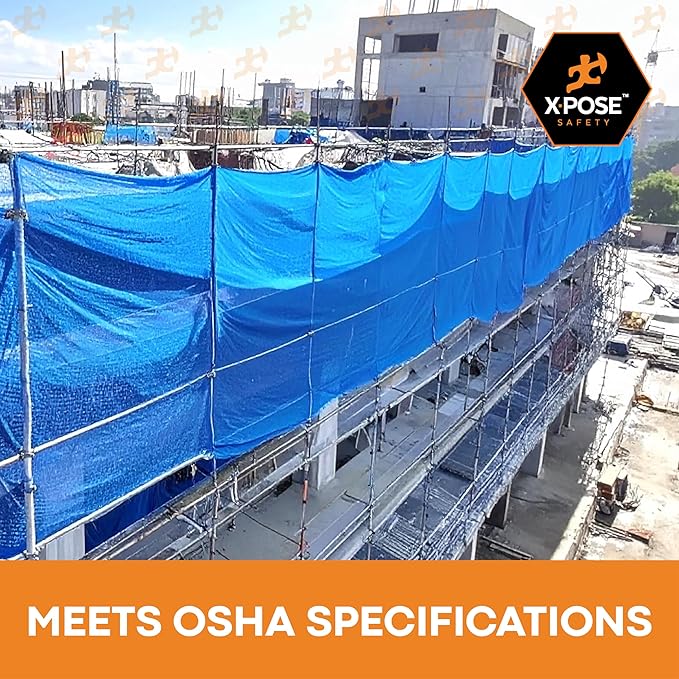 Xpose Safety Construction Safety Debris Netting - 150 Ft Temporary Material Roll, 1/4" Mesh Scaffold Net Enclosure, Visibility Barrier, Fencing Roll, Heavy Duty Fire Retardant 4 ft x 150 ft, Blue