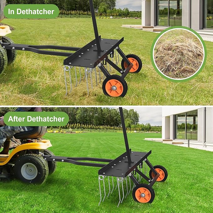 Seeutek 40 Inch Tow Behind Dethatcher, Pull Behind Lawn Dethatcher with 20 Spring Steel Tines Lawn Dethatcher Rake for ATV or Mower w/2 Cement Brick Straps and Gloves, for Garden Farm Grass