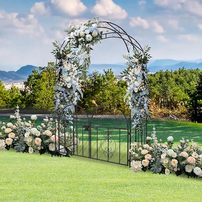 84in High Metal Garden Arbor with Gate, Heavy Duty Wide Garden Arch, Metal Arch Trellis with Gate for Climbing Plant, Wedding, Outdoor Patio Décor, Black(84"x52.4"x19")