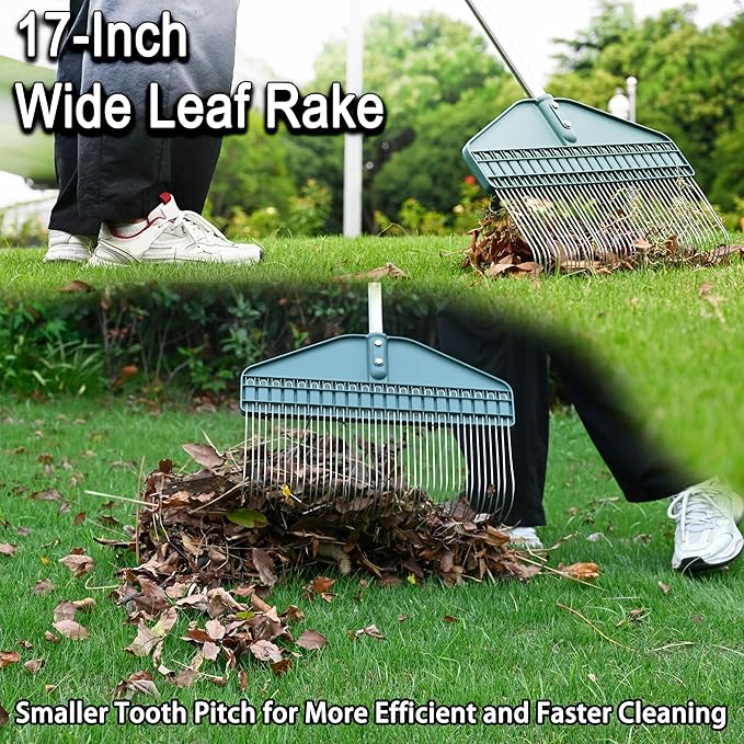 Thatch Rake 66-Inch Adjustable Handle Dethatcher Rake,17-Inch Wide Leaf Rakes, Suitable for Gardens, Yards, Lawns, Used for Cleaning Dead Grass, Thatch, Leaves, Pine Needles, Branches