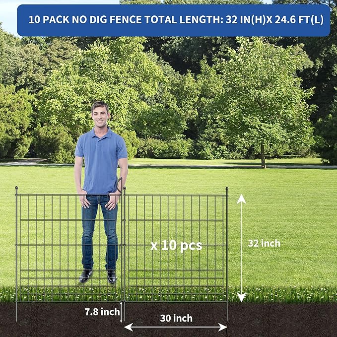 No Dig Fence Outdoor Dog Fences 10 Panels,32in (H) x 24.6 ft (L) Decorative Metal Garden Fence with Gate,Garden Fence Animal Barrier,Garden Fencing for Yard Rustproof