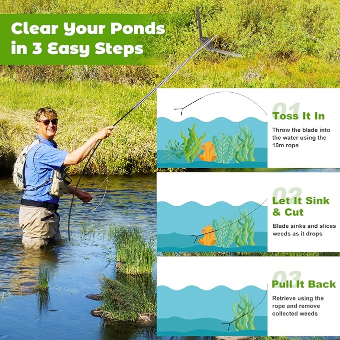 Lake Weed Cutter, Heavy Duty Large Aquatic Pond Plant Cutting Tool with Adjustable Cutting Angles,33 Foot Throw Rope,Pond Rake Weed Puller Killer for Cattail,Reed,Lilly,Chara Algae Removal Garden Tool