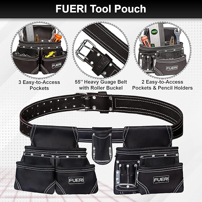 FUERI Leather Tool Belt with Dual Hammer Holster Tool Pouches Heavy Duty For Men Construction Carpenters Electricians Framers Ironworkers Garden Women