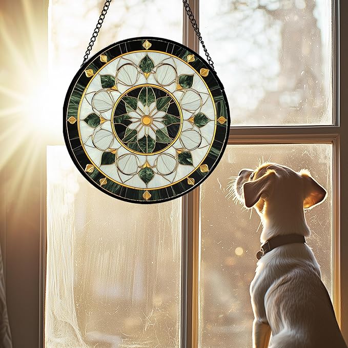Stained Glass Window Hanging - Black White Green Boho Style Sun Catcher for Door Home Decor Flower Suncatcher Christmas Mother's Day Birthday Gifts for Women Men Lovers Mom Nana 7.8 in