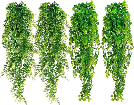jiebor 4Pcs Fake Artificial Plastic Greenery Faux Hanging Plants Ferns Eucalyptus Vines for Bathroom Living Room Home Indoor Outdoor Office Wall Shelf Decor