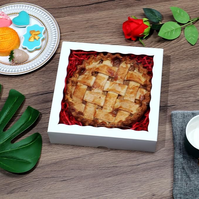 RomanticBaking 24pcs 10x10x2.5 Inches White Pie Boxes with Window - Perfect for Cookies, Chocolate Covered Strawberries, Cakesicles & More