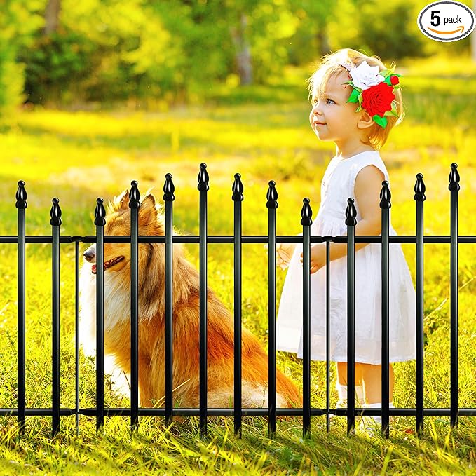 Metal Garden Fence 26" H x 24" W (5 Panels, 10 Ft Total) Rustproof Animal Barrier No Dig Decorative Fencing for Dogs,Pet, Yard,& Patio, Easy Installation