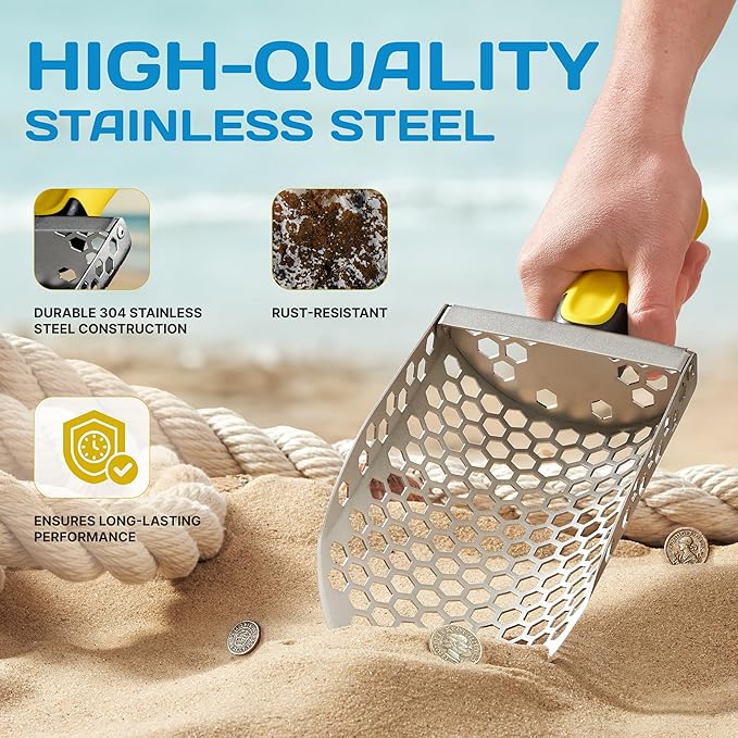 CKG Hand Sand Scoop for Metal Detecting with Ergonomic Yellow Handle, Metal Detecting Shovel for Beach Sand Sifter, Heavy Duty Stainless Steel, Perfect from Metal Detector Accessories