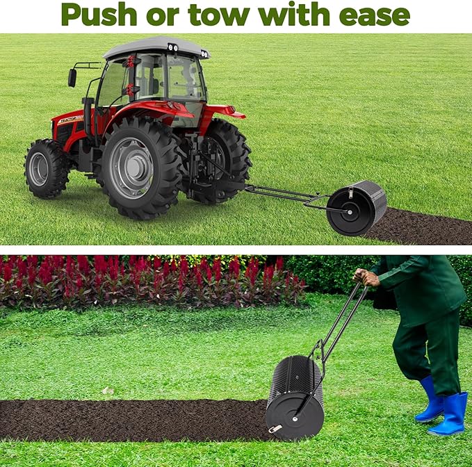 Outvita Compost Spreader, 24" Wide Lawn and Garden Peat Moss Roller with Side Latches, Powder Coated Steel Mesh Basket for Spreading Manure Mulch Topsoil