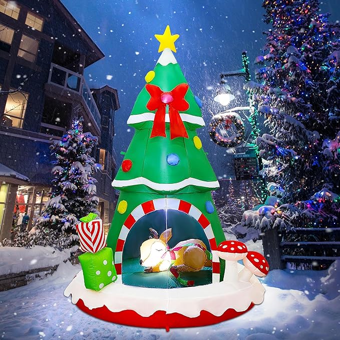 Joliyoou Christmas Inflatable Decoration, 7.2FT H Air-Blown Lighted Christmas Tree Sleeping Inside A Deer, Jumbo Blow Up Xmas Tree Adorned with Red Bow Gift Boxes for Outdoor Indoor Decor