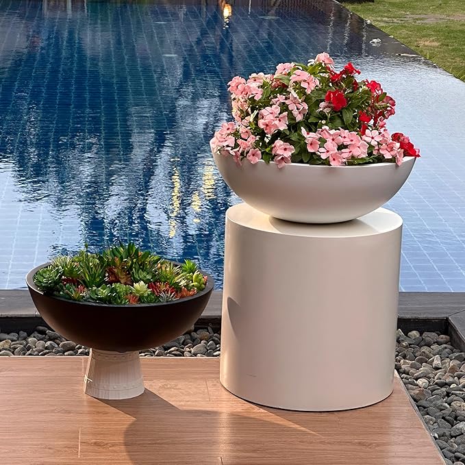 6.9"H x 19.7"D Round Bowl Fiberstone Planter for Succulent and Lotus, Christmas Tree Planter, Weather Resistant for Indoor & Outdoor Use, Included 2 Extra Coco Mats (Taupe,17.9" Pot Opening)