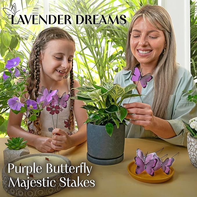 Handmade Purple Butterfly Garden Stakes Set of 7 - Decorative Outdoor & Indoor Plant Decor - Nature Lover Gift Idea by Air Aquarium Kushner