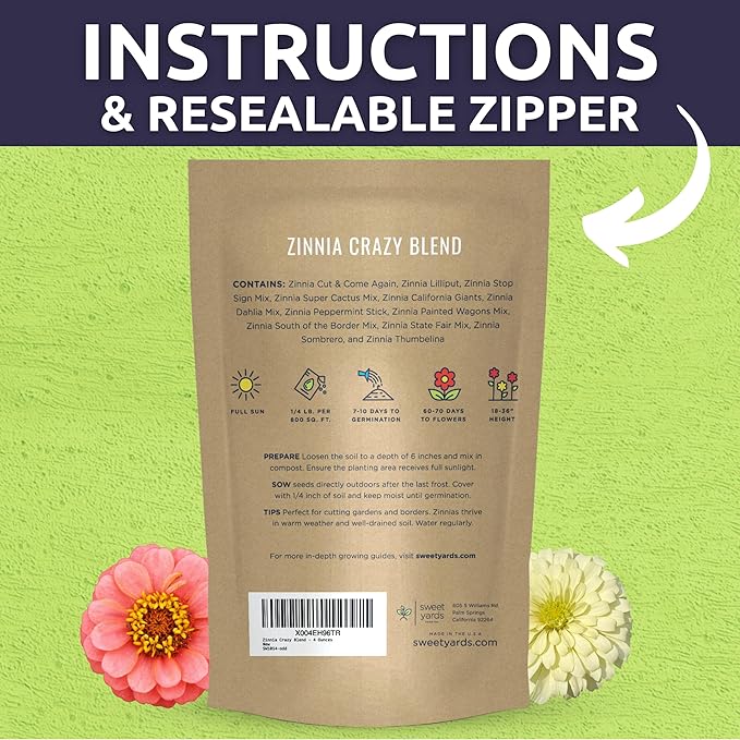 Zinnia Crazy Blend - Bulk 1/4 Pound Pouch - 15,000 Flower Seeds for Planting - Zinnia elegans