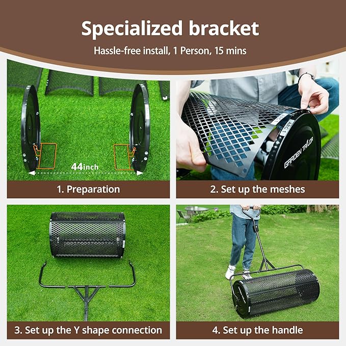Compost Spreader 44 Inch Towable Peat Moss Spreader with Installation Accessories, Metal Mesh Roller Lawn Spreader for Top Soil, Manure, Mulch, Top Dressing - Garden spreaders for lawns