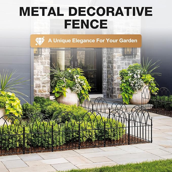 Garden Fence - 24 in(H) x 10.56ft(L) Arched Metal Fence Panel No Dig Fence, Ground Stake Animal Barrier Fence for Dog, Flower Bed Edging Wire Border Panel Fencing for Yard Patio Outdoor Decor