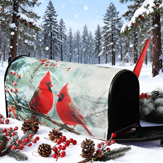 Blosssound Christmas Mailbox Cover Magnetic Standard Size 21 x 19 Inch, Winter Mailbox Cover Xmas Tree Decorative Post Letter Box Decor for Garden Yard Outdoor (Cardinal)