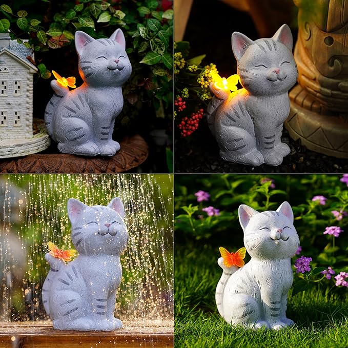 Solar Garden Cat Statue with LED Butterfly Light, Decorative Resin Outdoor Figurine 7.7in, Yard Lawn Ornaments Porch Patio Balcony Home House - Birthday Gifts for Grandma Mom Women