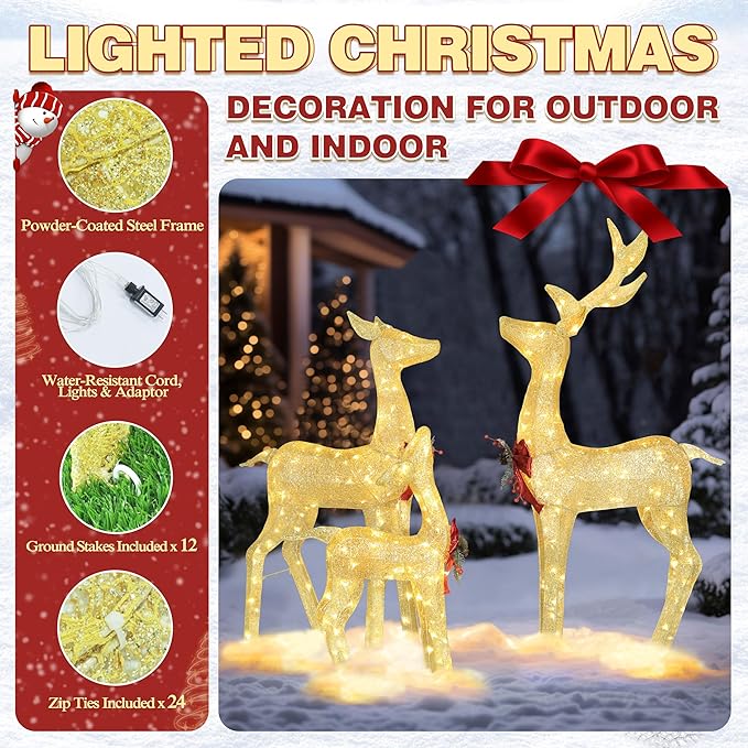 MUPATER Outdoor Christmas Decorations Lighted Deer Family Set Indoor, Christmas Holiday Yard Decor 3-Piece Moose Set for Lawn and Party with Lights, Ground Stakes and Zip Ties, Gold