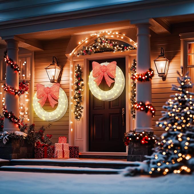 Lamerge 2PCS Pre-Lit Outdoor Christmas Wreaths Decorations, 36'' Bow Holiday Decor Wreath, Christmas Wreaths with 90 Lights, Lights Outdoor/Indoor Decorations for Front Door, Wall, Window, White