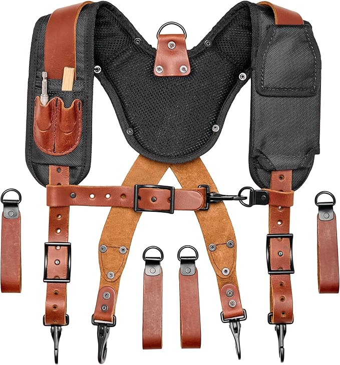 FESA Leather Tool Belt Suspenders for Men with Breathable Mesh Padding, Front Pockets & 4 Loops for Attachment to Work Belts