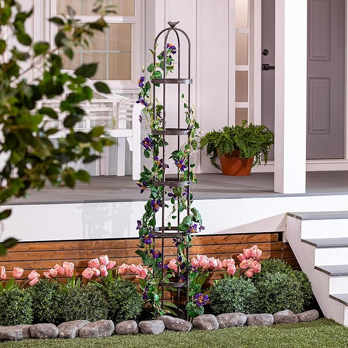 Evergreen 7 Feet Garden Metal Garden Obelisk Trellis for Climbing Plants Outdoor | Indoor Plant Trellis for Potted Plants | Floral Pattern Arch Trellis | Bronze