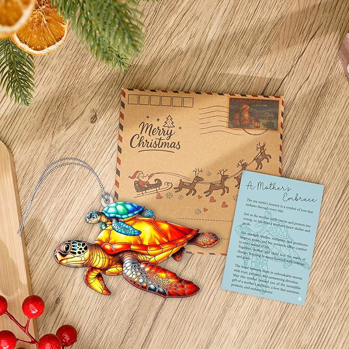 Sea Turtle Gifts for Women-Beach Suncatcher Ornament with Story Card-Turtle Christmas Cards-Beach Gifts for Women-Coastal Christmas Ornaments -White Elephant Presents for Friends