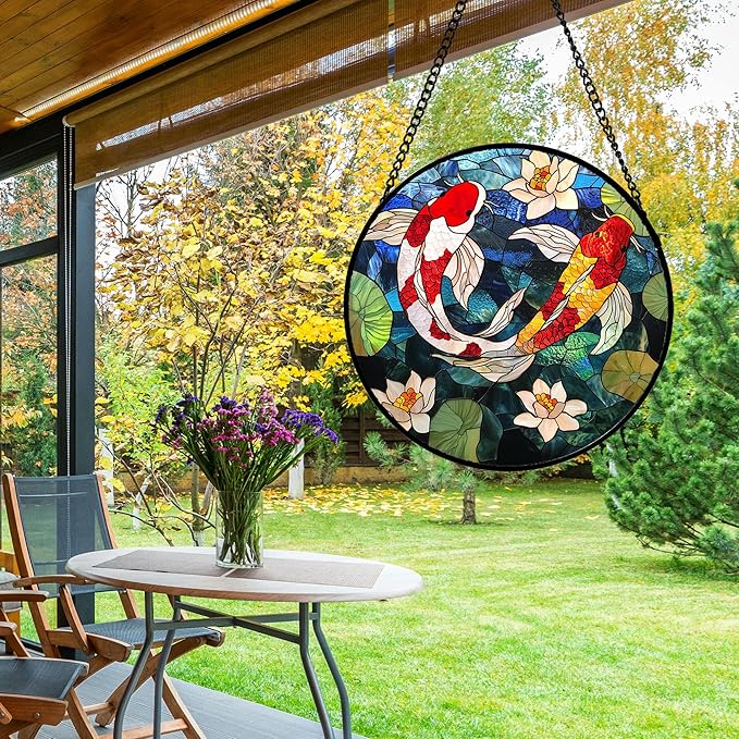 Stained Glass Window Hanging, Koi and Lotus Sun Catcher for Door Home Decor Fish Suncatcher Christmas Mother's Day Birthday Gifts for Women Men Mom and Nana 7.8 in