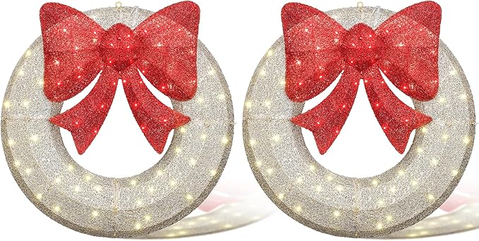 Lamerge 2PCS Pre-Lit Outdoor Christmas Wreaths Decorations, 36'' Bow Holiday Decor Wreath, Christmas Wreaths with 90 Lights, Lights Outdoor/Indoor Decorations for Front Door, Wall, Window, White