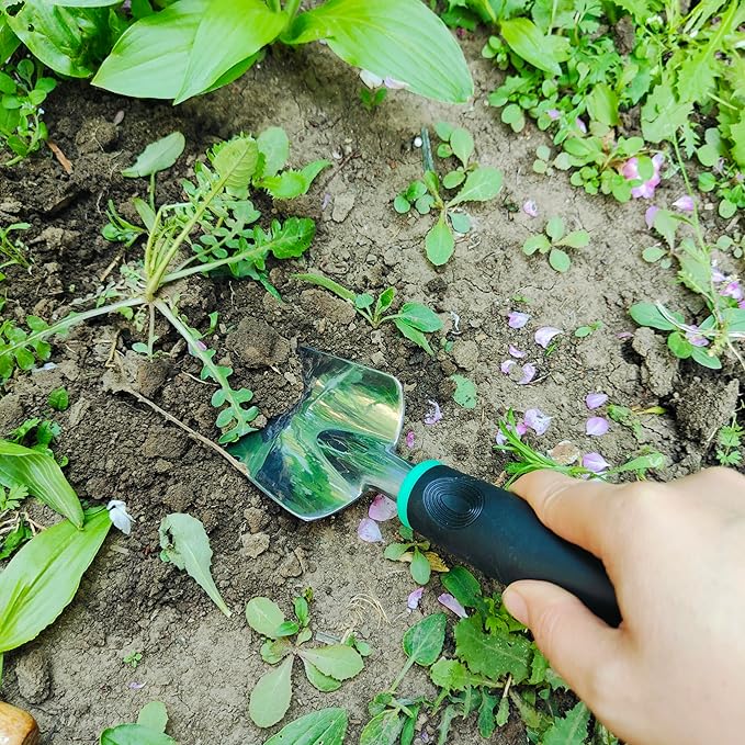 Gardening Tool Set Including Hand Trowel, Transplant Trowel, Cultivator Hand Rake, Pruning Shears and Weeder, Non-Slip Rubber Grip (4 pcs Green)