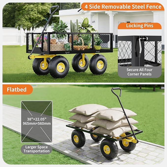 Metal Wagon - 900lbs Garden Cart with 10" Multi-Terrain Tires, 4 Removable Mesh Sides & 180° Swivel Handle, Yard Wagon Cart for Lawn, Yard, Patio Gardening