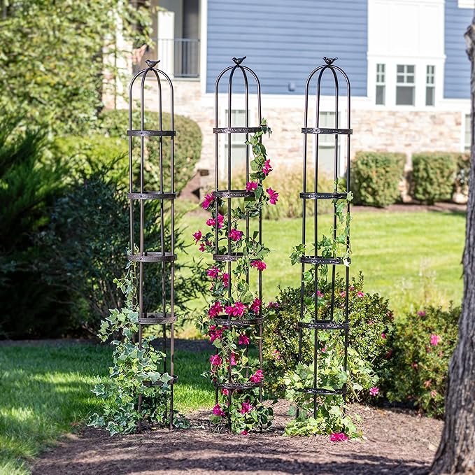 Evergreen 7 Feet Garden Metal Garden Obelisk Trellis for Climbing Plants Outdoor | Indoor Plant Trellis for Potted Plants | Floral Pattern Arch Trellis | Antique Copper