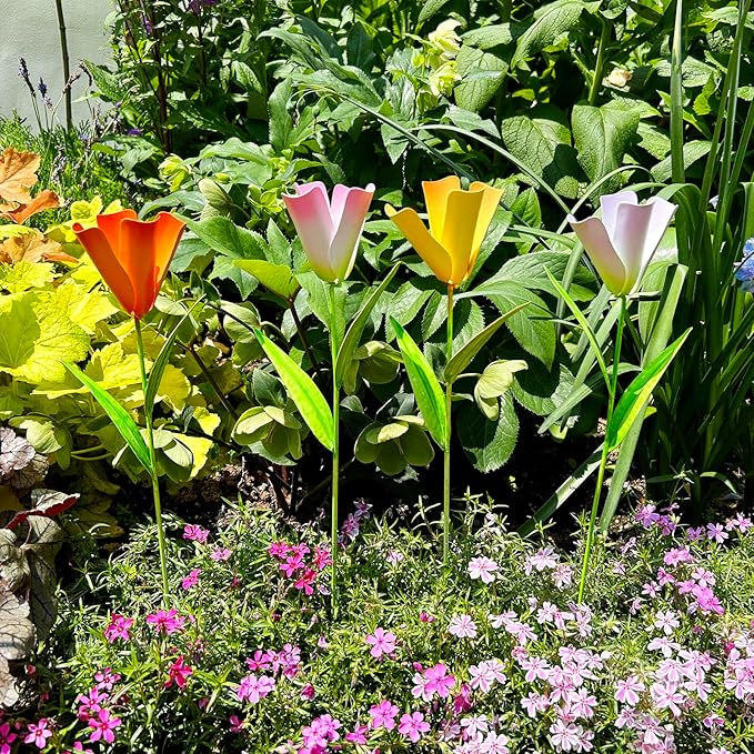 4Pcs Metal Flower Garden Stakes, 16.25" H Rustic Tulips Yard Stake Decorative Spring Outdoor Garden Decor Planter Flower Pot Metal Flower Stick for Patio,Lawn,Yard,Pathway (Tulips)