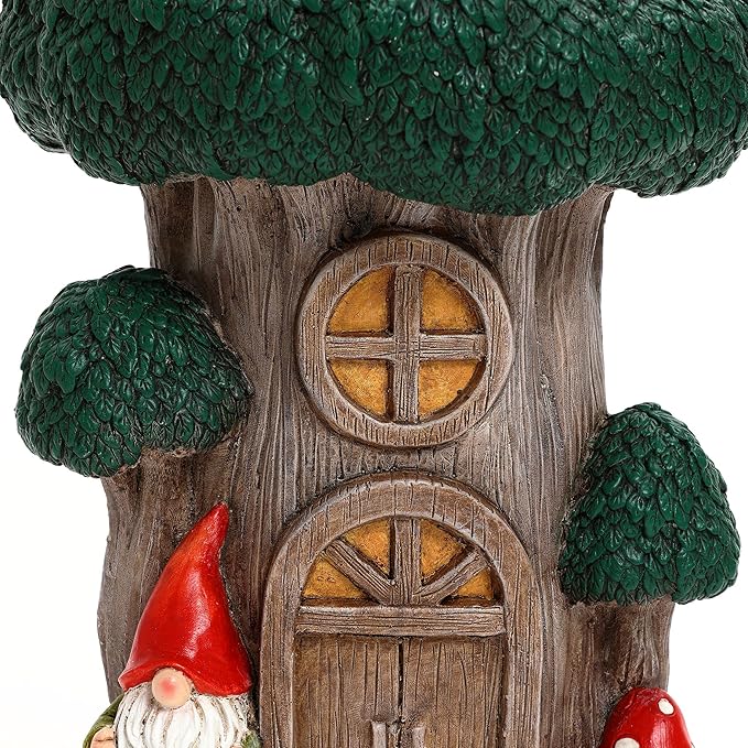 LuxenHome Gnome Garden Statue,17'' Tree House Statue, Outdoor Side Table, Plant Stand for Balcony, Gift, Large Garden Ornaments Yard Decor, Fairy House, Patio Side Table, Sculpture, Tree Stump